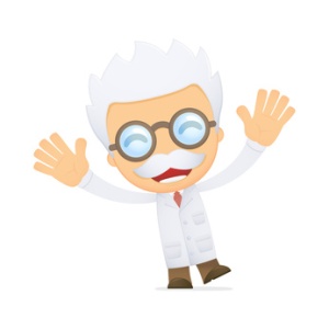 funny cartoon scientist in various poses for use in advertising, presentations, brochures, blogs, documents and forms, etc.